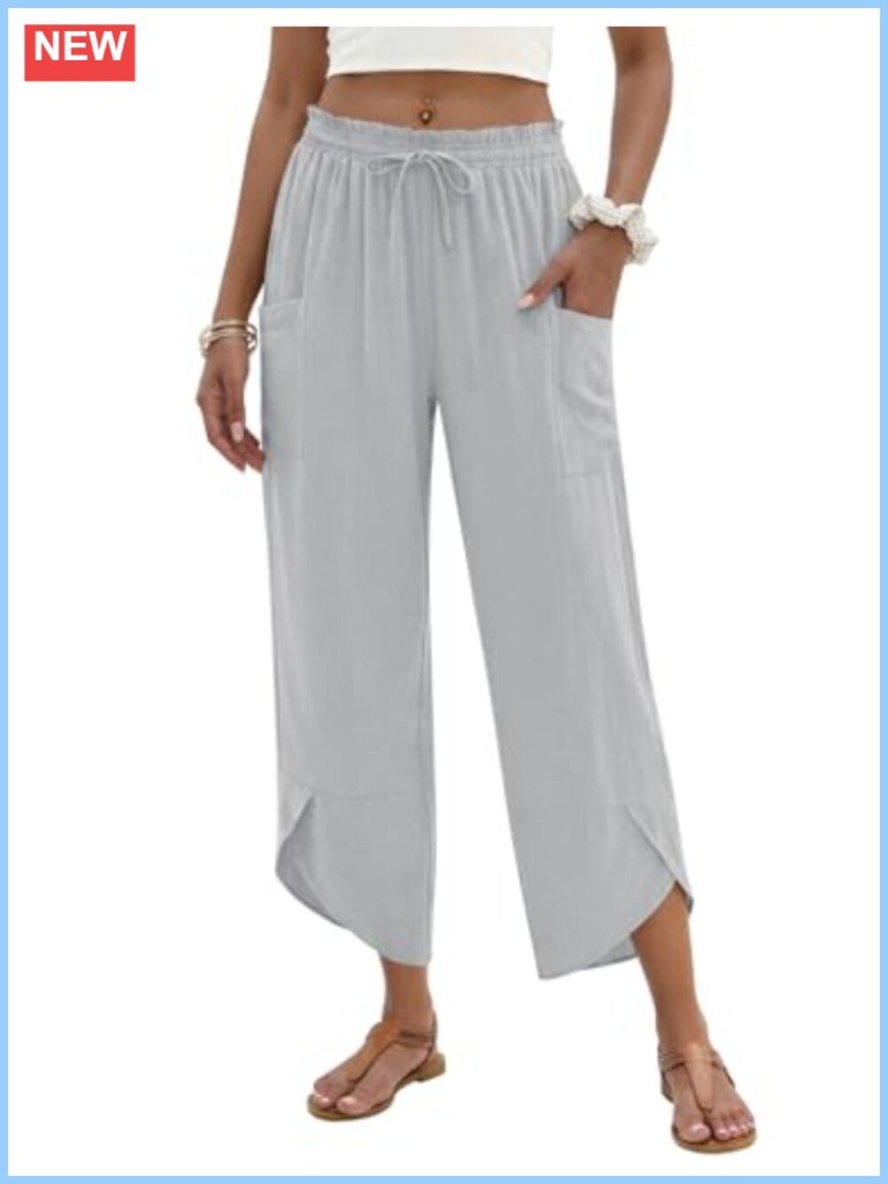 Linen Blend Wide Leg Capri Pants Drawstring Boho Summer